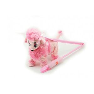 Pes/pejsek Pudl na tyčce růžový chodící a hrající plyš na baterie 30cm