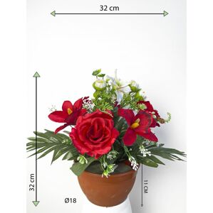 Dekorácia s umelou ružou a orchideou, červená, 32 cm