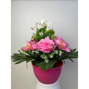 Dekorácia s umelou ružou a orchideou, svetlo- ružová, 32 cm